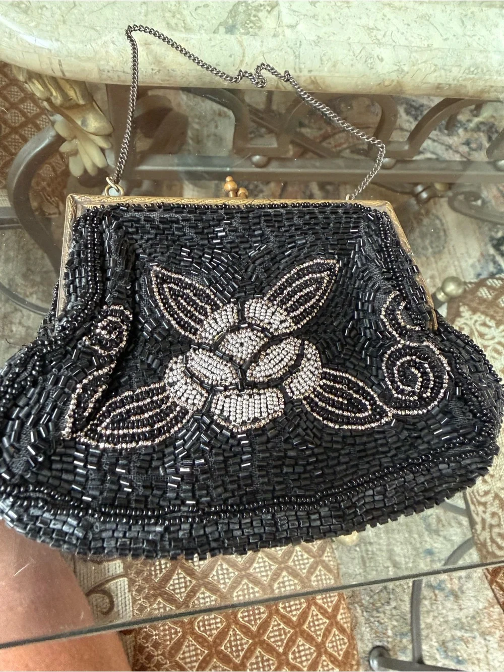 Vintage Beaded Black Evening Handbag with Silver Accents